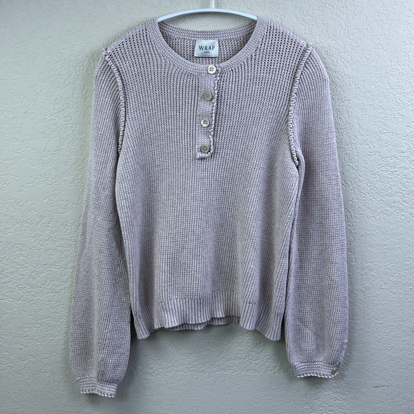 Wrap London Sweater Womens 8 Beige Knit 1/4 Button Henley Puff Sleeve Pullover - Picture 1 of 11